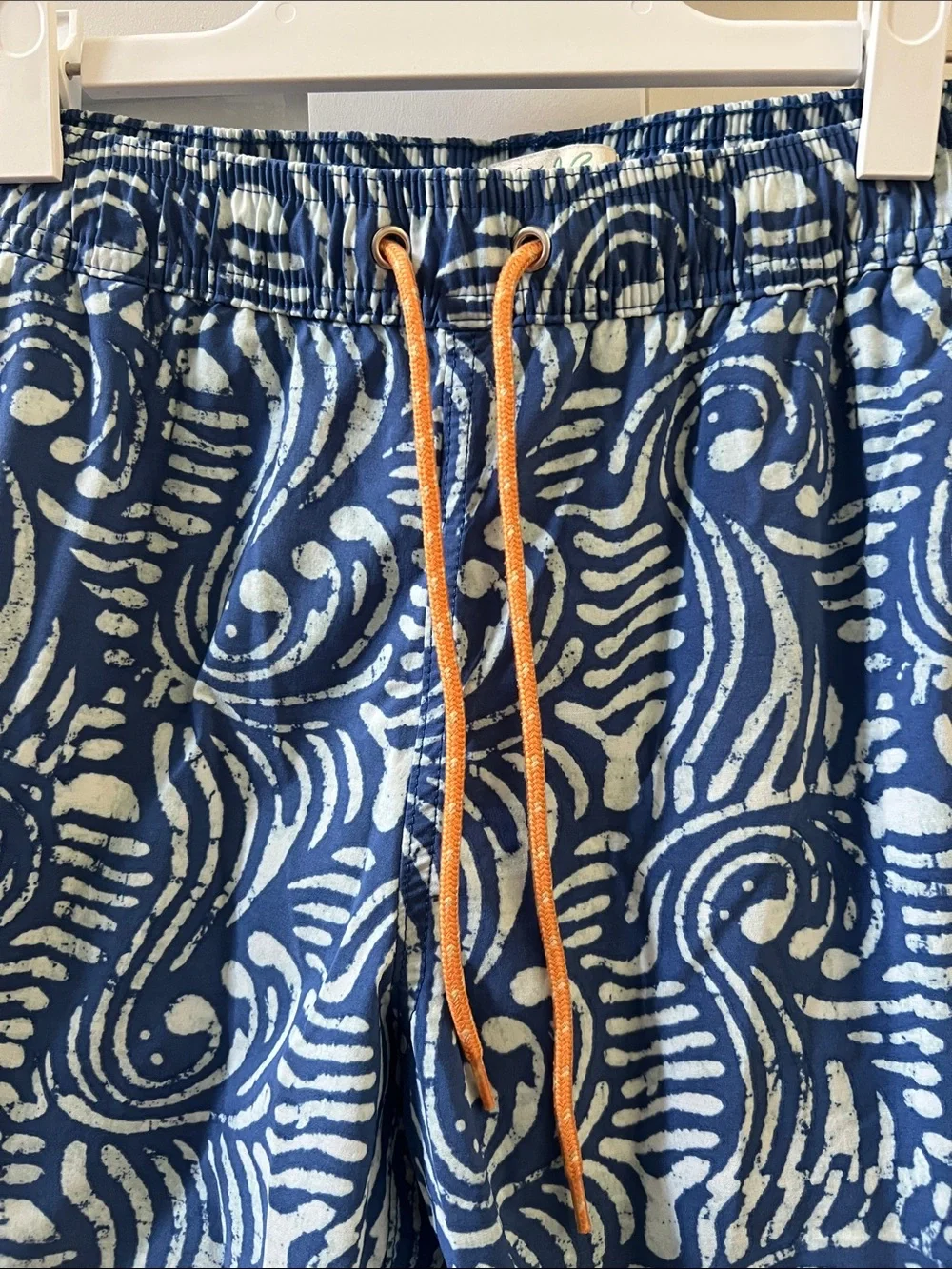 J. Crew Blue Wave-Print Men’s Swim Shorts with Orange Drawstring